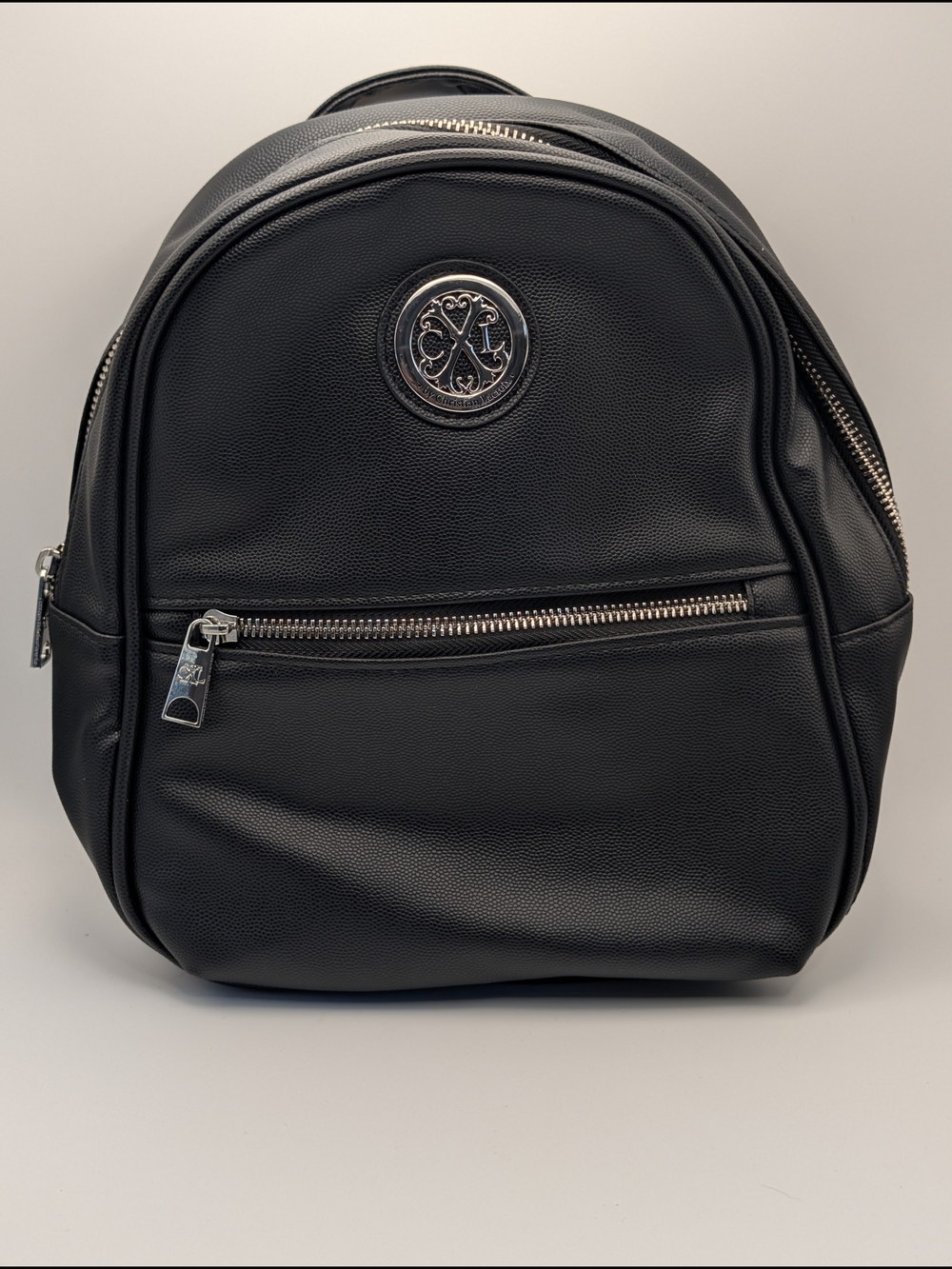 CXL by Christian Lacroix Black Pebbled Backpack Zip Top Silver Hardware